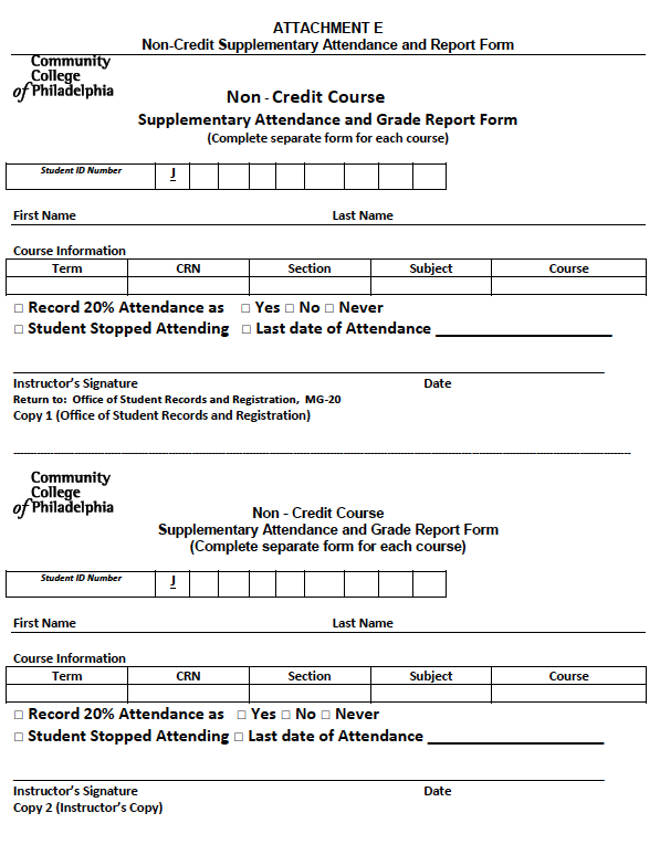 Non Credit Attendance form