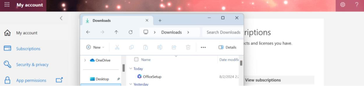 Check your downloads folder and double-click the OfficeSetup file