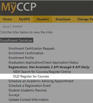 screen grab visual example location of Register for courses