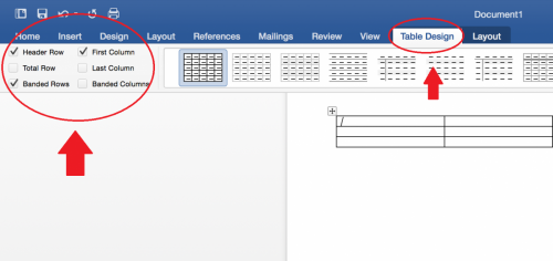 Table header tools in office 2016