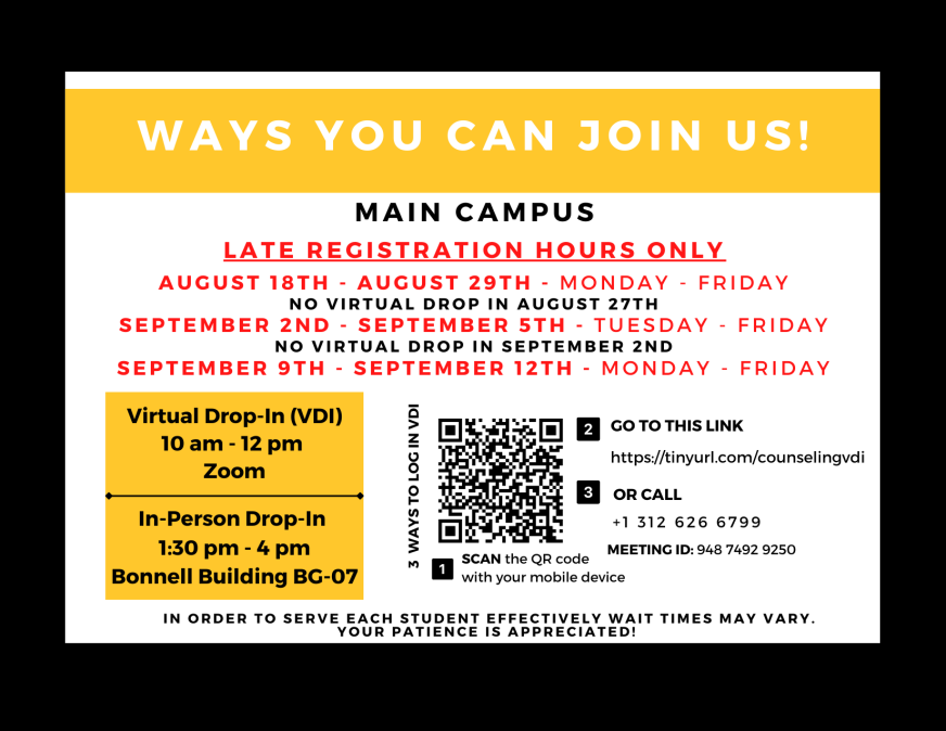 Yellow and Black card with Virtual Drop in Hours 10am-12pm by zoom