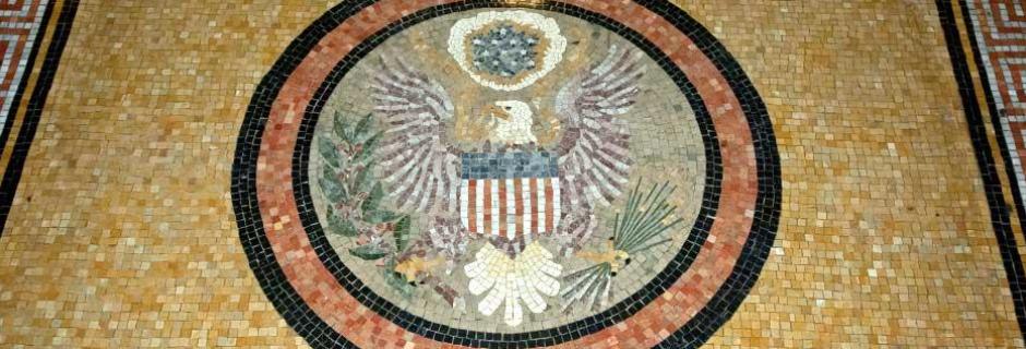 mosaic seal of the US mint located in the main entrance to the Mint Building