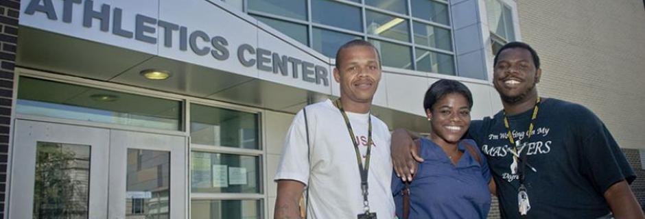 Students in front of the Athletics Center at Community College of Philadelphia.