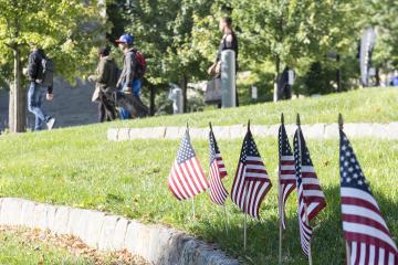 Flags planted in Bonnell Courtyard for the 9-11 Memorial Day Service.