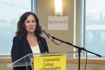 The Provost of Kutztown University, Anne Zayaitz, speaks to the audience.