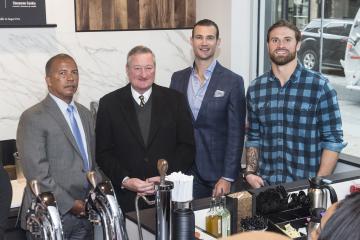 Dr. Generals, Mayor Kenney, Nick Bayer and Chris Long pose for cameras.