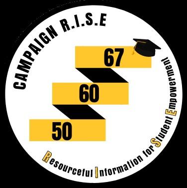 gold and black 50, 60, 67 stairs towards black graduation cap Campaign R.I.S.E. - resourceful information for student empowerment